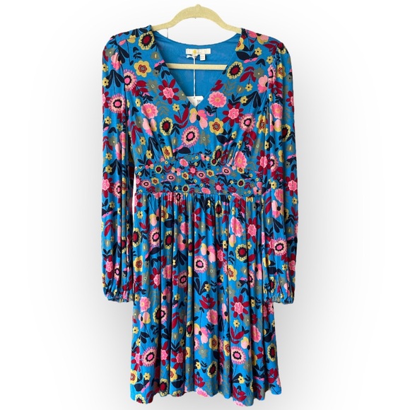 NWTBoden Jersey Mini Tea Dress Moroccan Blue Floral Long Sleeve Cottagecore Sz 2 - Picture 2 of 12